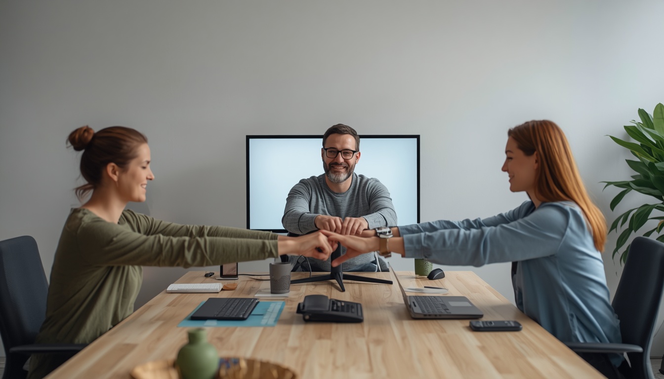 Team circle stretching wrists during a DeskMotion collaborative pulse session